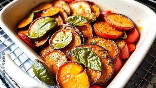 Hyper-detailed 3D render of layered ratatouille vegetables in a baking dish, glistening with olive oil, flecks of salt and herbs visible, oven rack background