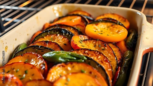 Hyper-detailed 3D render of layered ratatouille vegetables in a baking dish, glistening with olive oil, flecks of salt and herbs visible, oven rack background