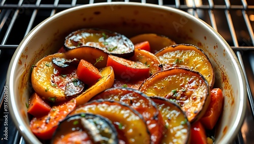 Hyper-detailed 3D render of layered ratatouille vegetables in a baking dish, glistening with olive oil, flecks of salt and herbs visible, oven rack background