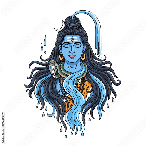 The serene Lord Shiva celebrates Ganga Dussehra with flowing locks and waters
