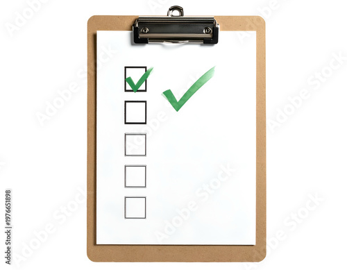 Checklist on a clipboard with one item marked complete