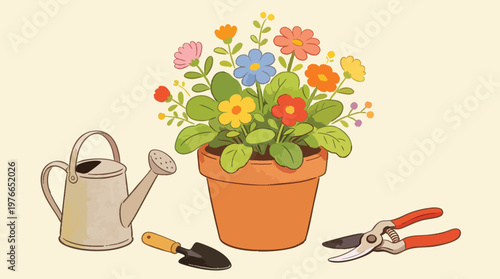 Hand Drawn Garden Tool Set with Potted Flowers, Watering Can and Pruning Shears