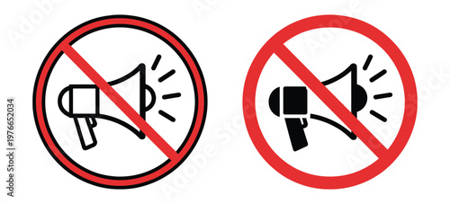 No loudspeaker prohibition sign icon set vector, crossed megaphone symbol, red and black circular warning styles, sound restriction notice, mute silence symbol, flat design.