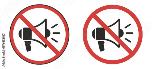 No loudspeaker prohibition sign icon set vector, crossed megaphone symbol, red and black circular warning styles, sound restriction notice, mute silence symbol, flat design.