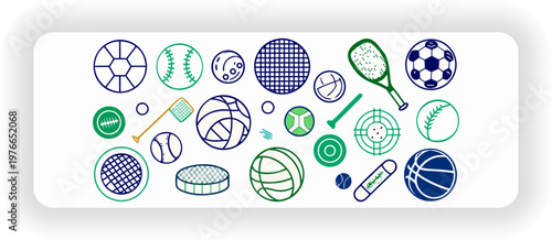 Sports Balls Collection Set, Football Soccer Basketball Tennis Baseball Volleyball Hockey Balls, Flat Vector Sports Equipment Icons


