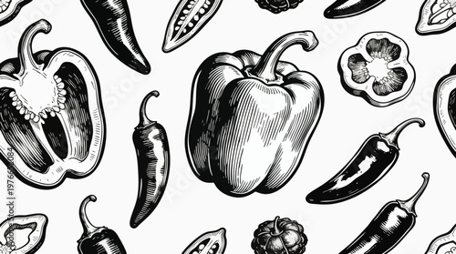 Hand Drawn Vintage Pepper Vector Illustration Seamless Pattern Woodcut Sketch Style