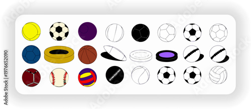 Sports Balls Collection Set, Football Soccer Basketball Tennis Baseball Volleyball Hockey Balls, Flat Vector Sports Equipment Icons

