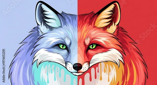 Split color wolf head with dripping paint effect