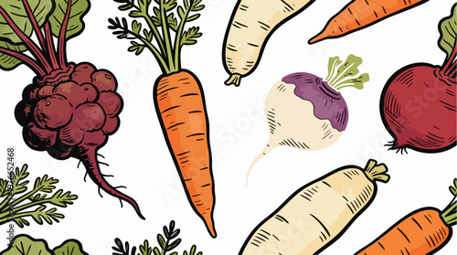 Hand-Drawn Root Vegetable Seamless Pattern with Beets, Carrots, and Turnips