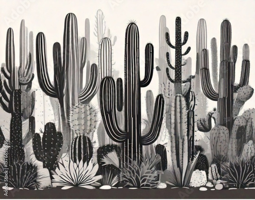 Diverse collection of saguaro and other desert cacti.