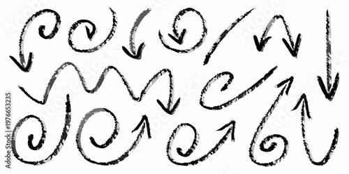 Collection of hand drawn black arrows and swirling curved lines