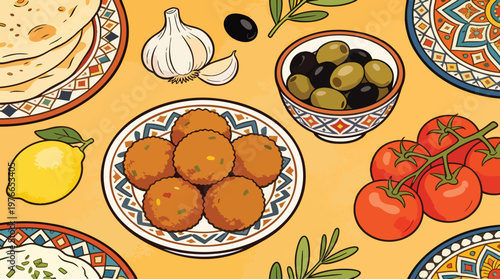 Mediterranean Cuisine Illustration: Falafel, Pita, Olives, and Fresh Vegetables