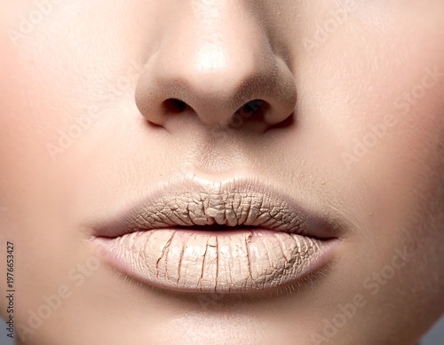 Close-up of a face, focusing on the nose and cracked, pale lips