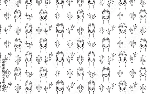 Seamless hand-drawn pattern with emu or ostrich heads, cacti, and bird tracks. Black and white doodle style background for coloring or design.