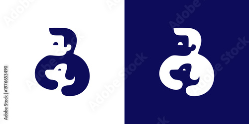 Heartwarming human and dog or man and dog logo designs conveying love and care in simple yet elegant white and blue hues, ideal for family-related branding and marketing materials
