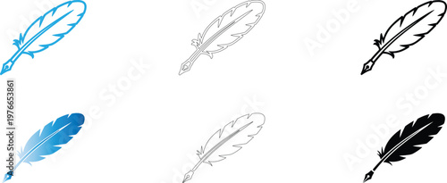 Feather Pen Icons Blue Gray Black Isolated White