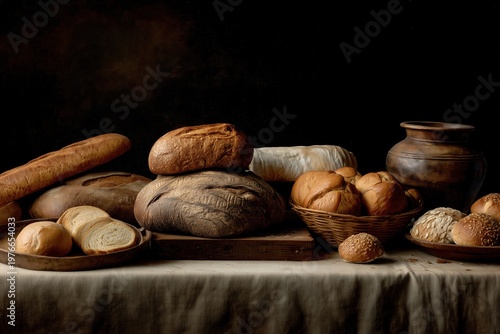 A lot of bread and rolls on a table with a dark background.