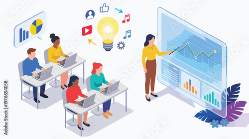 Modern Isometric Digital Marketing Training with Data Analytics and Creative Learning