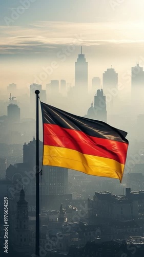 German Flag Waving Over Foggy Urban Skyline, National Identity and Economic Growth