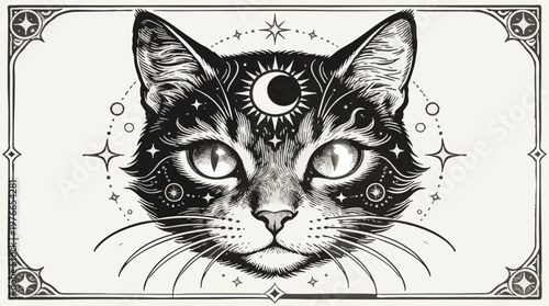 Mystical Celestial Cat Engraving Style with Moon and Stars in Decorative Border