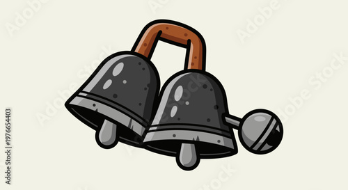 Two gray metal bells with rusty handle and clapper