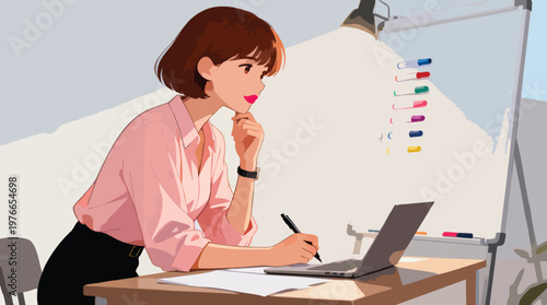 Professional Woman Brainstorming and Analyzing Data with Laptop and Whiteboard
