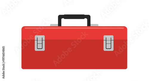 Closed Red Toolbox with Metal Latches and Handle, Isolated on White