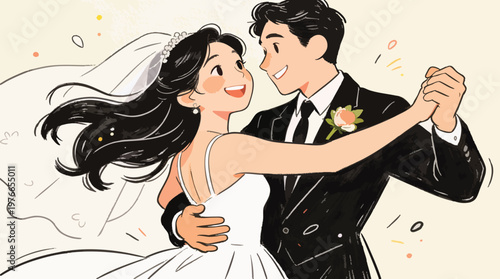 Romantic Anime Style Wedding Illustration: Joyful Bride and Groom First Dance