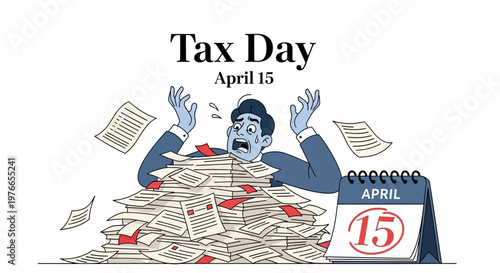 Anxious man buried under a pile of tax documents in a conceptual vector illustration, with a calendar showing April 15, conveying the stress of the income tax day deadline against a clean
