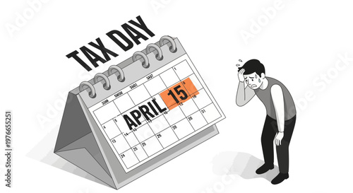 Isometric illustration depicting the income tax day deadline with a calendar on April 15th and a stressed man holding his head, set against a clean white background conveying the financial
