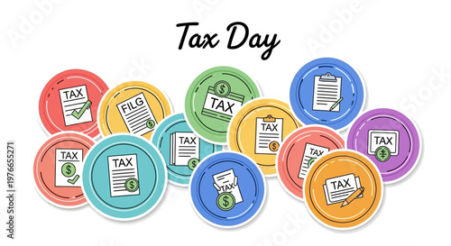 Flat lay illustration featuring circular tax day vector icons displaying income tax return concepts and tax payment deadline reminders against a clean white background