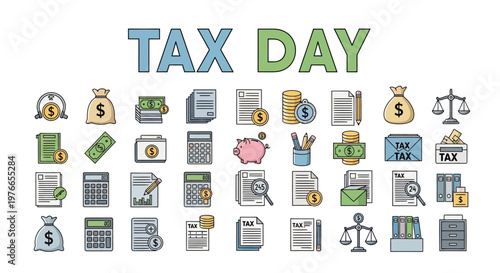 A colorful array of financial icons depicting tax day and income tax filing, arranged against a clean white backdrop in a playful vector illustration conveying the taxation concept of tax