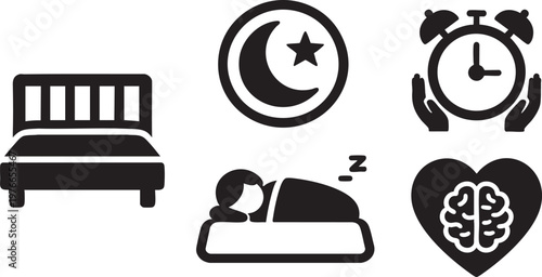 Sleep and Mental Health Icon Set: Bed, Moon, Alarm Clock, Nap, and Brain Heart Symbol