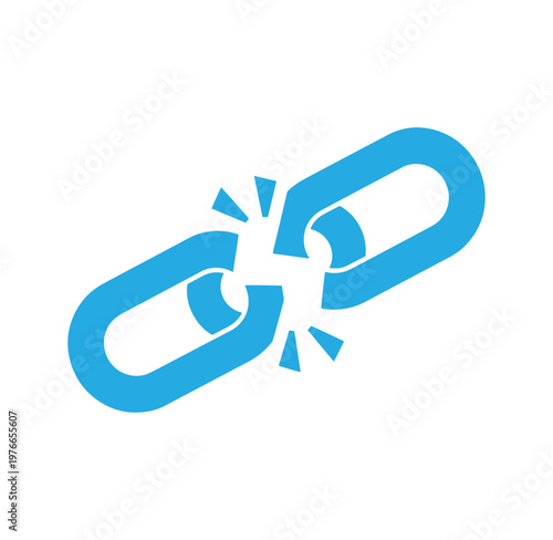 A blue chain link breaking apart with fragments flying off isolated on white background