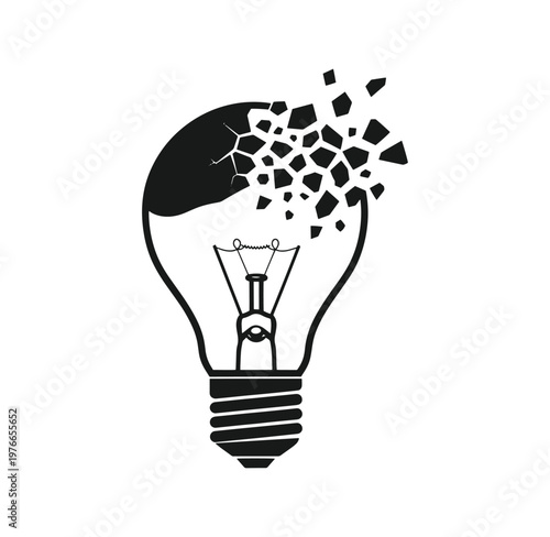 Black and white light bulb with shattered glass pieces breaking off  creative idea concept