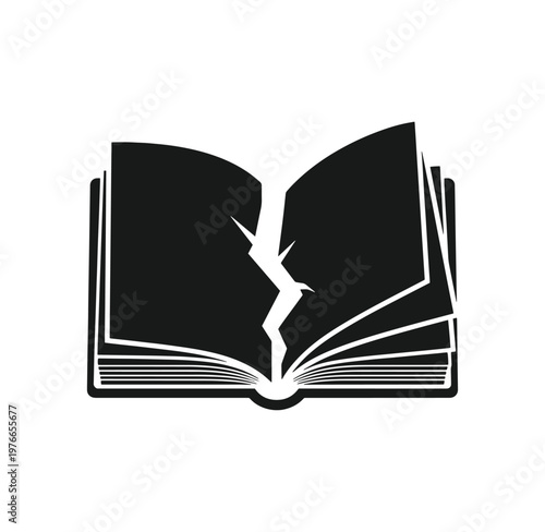 black and white illustration of an open book with a crack down the middle