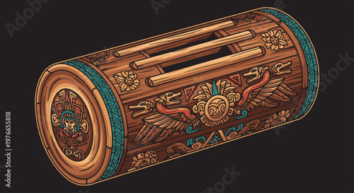 3D illustration of ornate golden fantasy cylindrical musical instrument