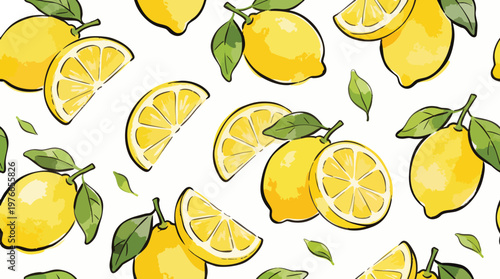 Canvas-taulu Vibrant Watercolor Lemon Fruit Seamless Pattern with Slices and Green Leaves Doo