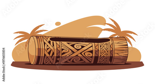 Tiki Drum Illustration with Tropical Palm Trees