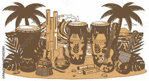 Tropical Drumming Instruments and Palm Trees Illustration