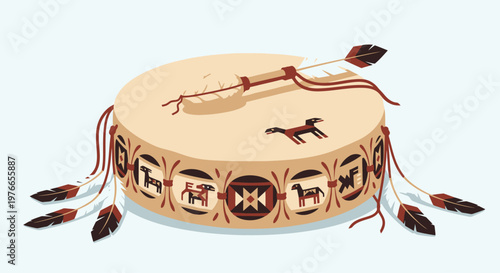 Native American Shaman Drum with Feathers and Tribal Symbols