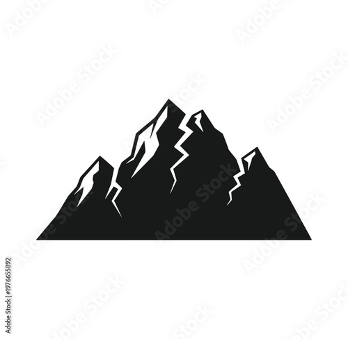 Black silhouette of a mountain range with snow on white background