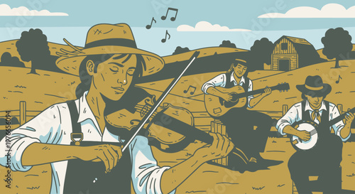 Bluegrass musicians playing instruments in rural landscape