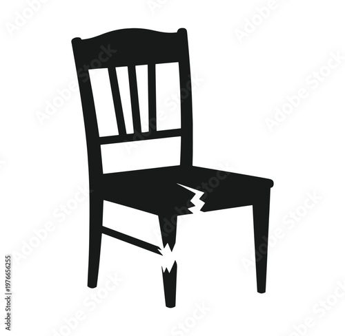 broken chair with one leg detached and crack in the seat