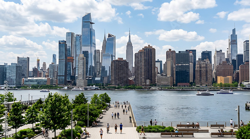New York City Skyline with Hudson River and Riverside Park Walkway