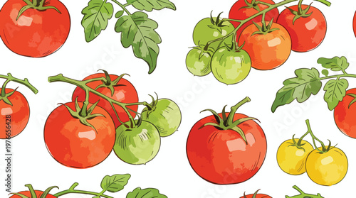 Watercolor Seamless Pattern of Ripe Red and Green Tomatoes with Vine Leaves