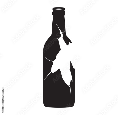 Cracked broken beer bottle silhouette icon on white background