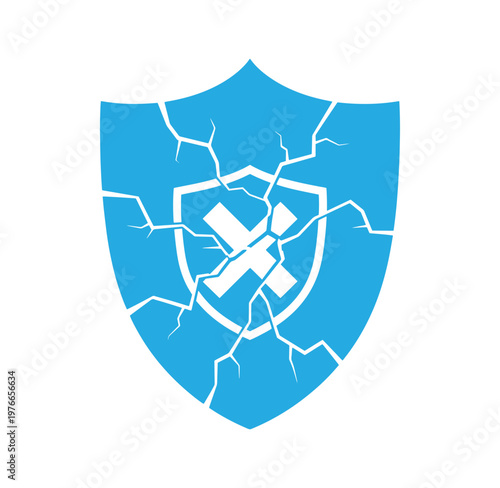 Cracked blue shield with white cross symbol on white background
