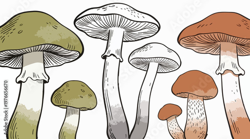 Whimsical Mushroom Set Outline Sketch Various Fungi Species Vector Illustration