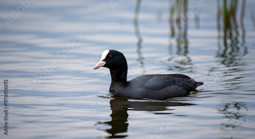 Black coot swimming gracefully on water surface with reflection